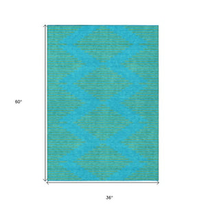 Homeroots 3' Aqua And Green Geometric Washable Area Rug For Indoor And Outdoor Spaces – Durable And Stylish Decor 3' X 5' Polyester 598716