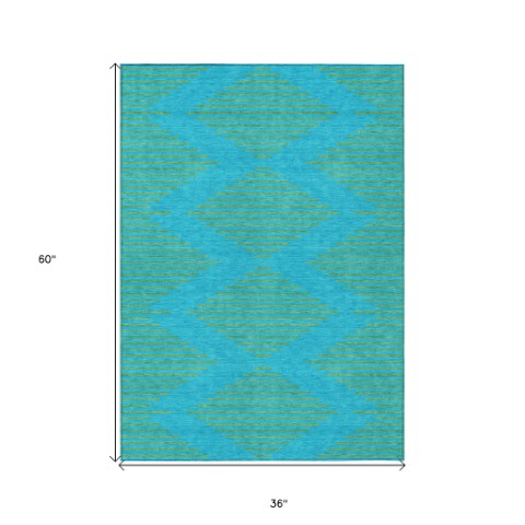 Homeroots 3' Aqua And Green Geometric Washable Area Rug For Indoor And Outdoor Spaces – Durable And Stylish Decor 3' X 5' Polyester 598716