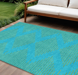 Homeroots 3' Aqua And Green Geometric Washable Area Rug For Indoor And Outdoor Spaces – Durable And Stylish Decor 10' X 14' Polyester 598721