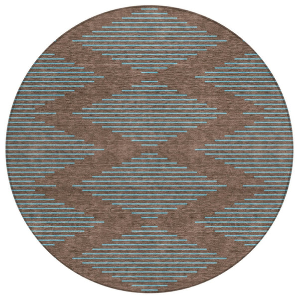 HomeRoots 5' Geometric Brown and Aqua Indoor-Outdoor Area Rug - Stylish, Durable, and Machine Washable Design 8' Round 598730