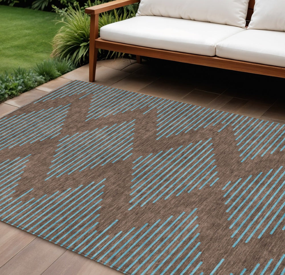 HomeRoots 5' Geometric Brown and Aqua Indoor-Outdoor Area Rug - Stylish, Durable, and Machine Washable Design 10' X 14' 598733
