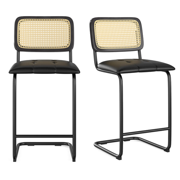 English Elm Counter Height Bar Stools Set Of 2 - Stylish Pu Leather & Rattan Back For Modern Kitchen Decor T3623P360901