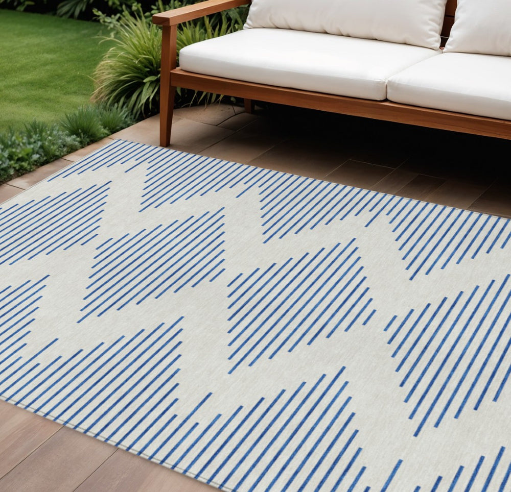 HomeRoots 9' X 12' Ivory and Blue Geometric Area Rug - Durable, Machine Washable for Indoor & Outdoor Spaces 598756