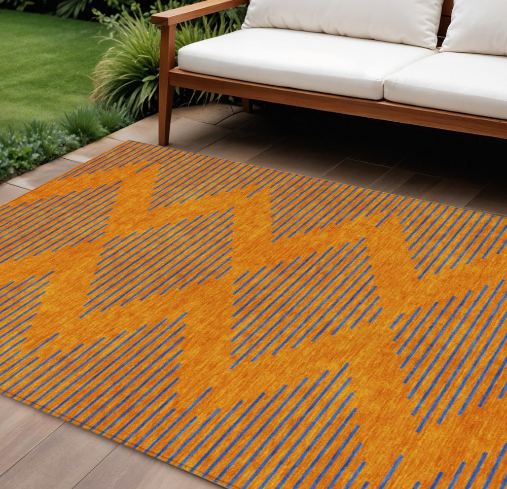 HomeRoots 9' X 12' Vibrant Geometric Washable Area Rug - Stylish Orange & Blue Design for Indoor/Outdoor Use 598768