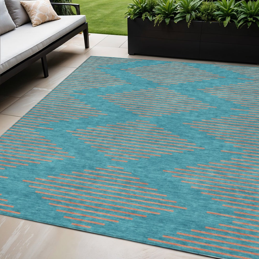 HomeRoots 5' Vibrant Teal Blue and Pink Geometric Washable Area Rug for Indoor and Outdoor Spaces, Durable Design 5' X 8' 598789