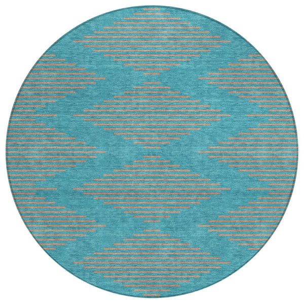 HomeRoots 5' Vibrant Teal Blue and Pink Geometric Washable Area Rug for Indoor and Outdoor Spaces, Durable Design 8' Round 598790