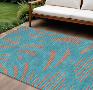 Homeroots 3' Aqua And Green Geometric Washable Area Rug For Indoor And Outdoor Spaces – Durable And Stylish Decor 9' X 12' Polyester 598792