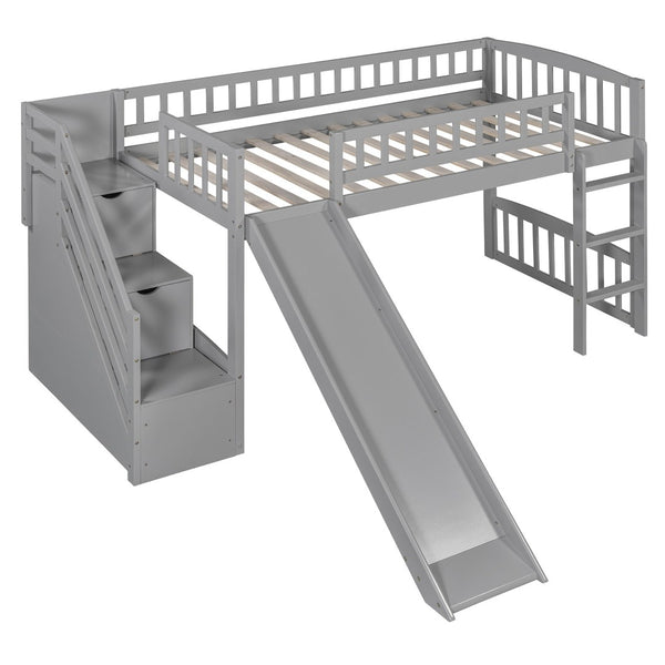 English Elm Stairway Twin Loft Bed with Storage Staircase Slide and Guardrails for Kids Gray LT000515AAE-1