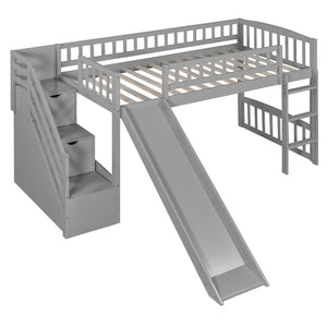 English Elm Stairway Twin Loft Bed with Storage Staircase Slide and Guardrails for Kids Gray LT000515AAE-2