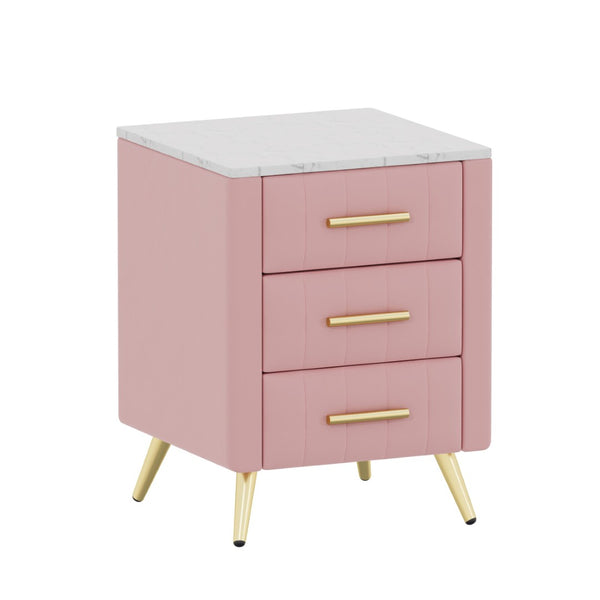 English Elm Upholstered Velvet Nightstand with Faux Marble Top Three Drawers and Slim Metal Legs Pink N733P208520H