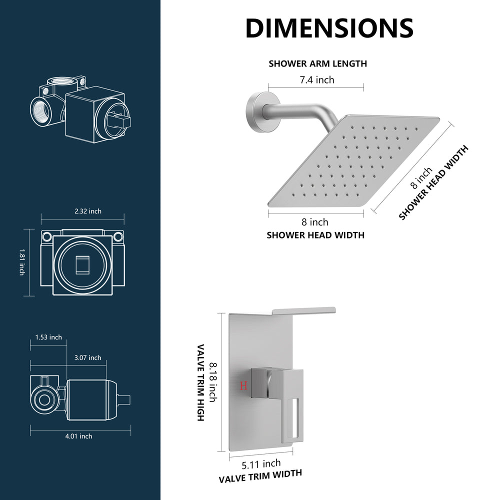 English Elm Shower 8" Square Rain Head Faucet Set with Single-Handle Mixer, 15" Arm, Rack Storage & Detachable Trim (Modern) Brushed Nickel T3177P269411