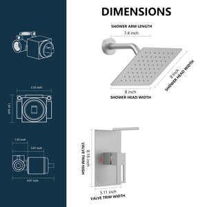 English Elm Shower 8" Square Rain Head Faucet Set with Single-Handle Mixer, 15" Arm, Rack Storage & Detachable Trim (Modern) Brushed Nickel T3177P269411