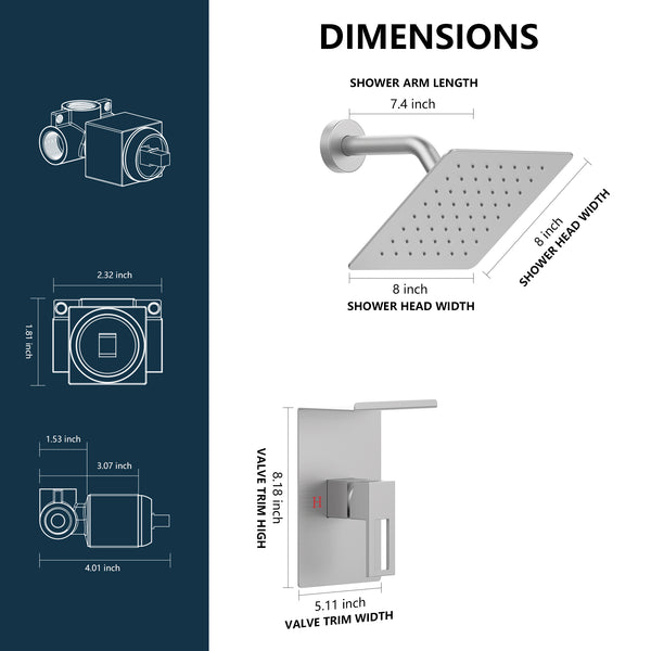 English Elm Shower 8" Square Rain Head Faucet Set with Single-Handle Mixer, 15" Arm, Rack Storage & Detachable Trim (Modern) Brushed Nickel T3177P269411