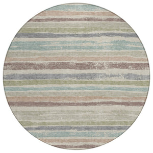 HomeRoots 5' Versatile Striped Area Rug - Timeless Beige, Brown & Gray for Indoor & Outdoor Use, Washable Care 8' Round 598868