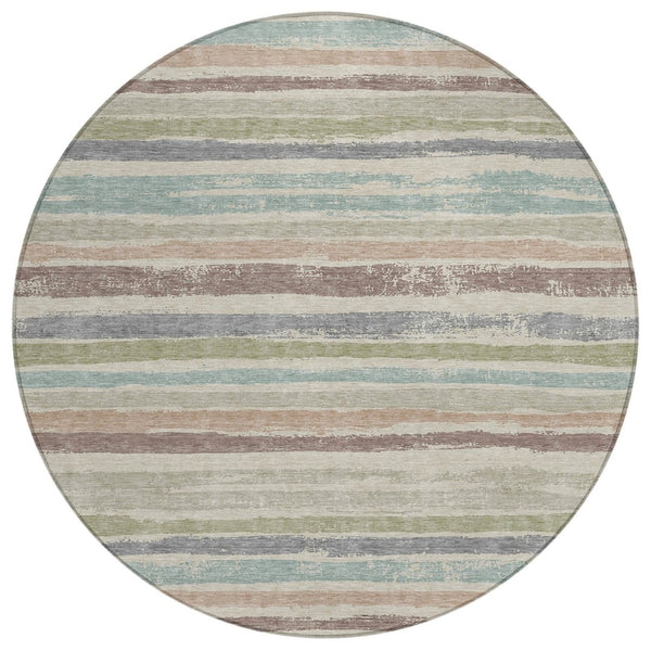 HomeRoots 5' Versatile Striped Area Rug - Timeless Beige, Brown & Gray for Indoor & Outdoor Use, Washable Care 8' Round 598868
