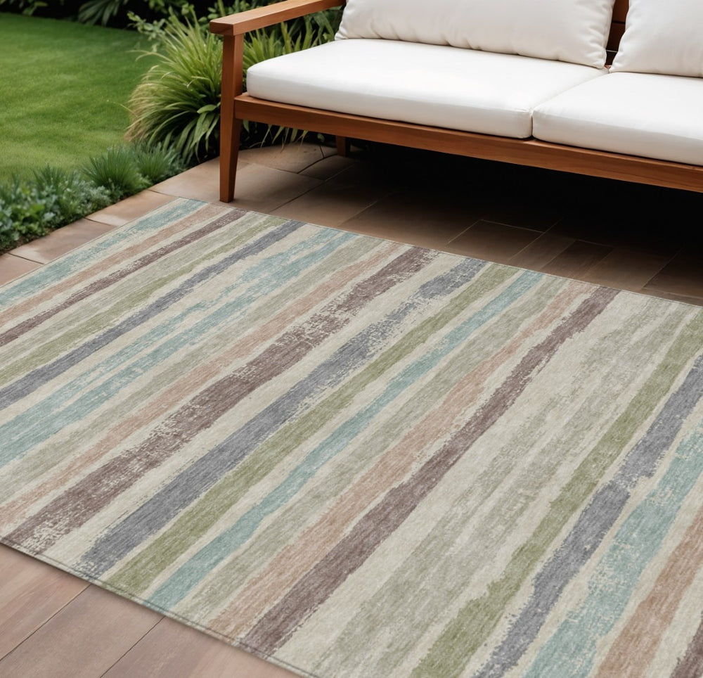 HomeRoots 9' X 12' Washable Striped Area Rug in Beige, Brown & Gray - Durable, Stylish for Indoors & Outdoors 598870