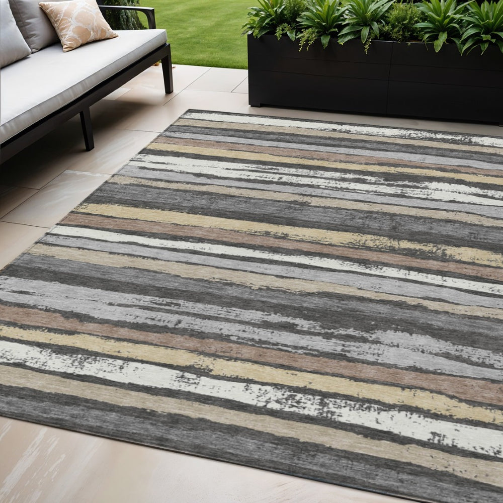 HomeRoots 5' Charcoal Beige and Brown Striped Area Rug - Durable, Washable, Perfect for Indoor and Outdoor Spaces 5' X 8' 598873