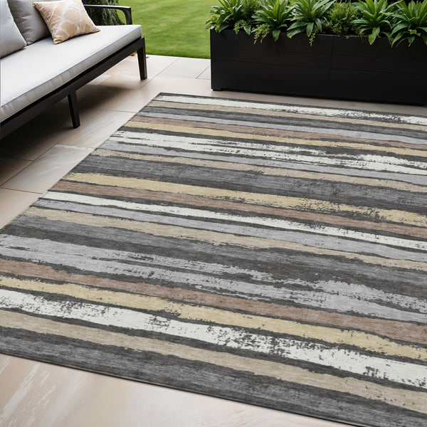 Homeroots 3' Stylish Washable Indoor Outdoor Area Rug In Beige, Brown, And Gray For Versatile Home Use 5' X 8' Polyester 598873