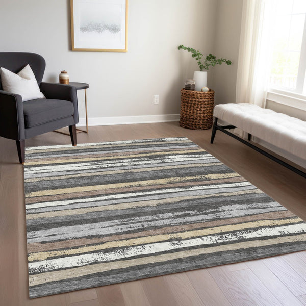 Homeroots 3' Stylish Washable Indoor Outdoor Area Rug In Beige, Brown, And Gray For Versatile Home Use 5' X 8' Polyester 598873