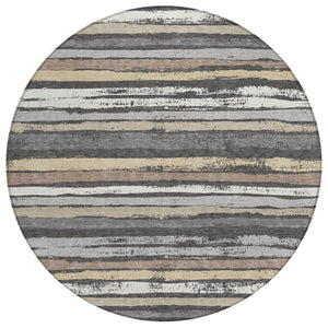 HomeRoots 5' Charcoal Beige and Brown Striped Area Rug - Durable, Washable, Perfect for Indoor and Outdoor Spaces 8' Round 598874