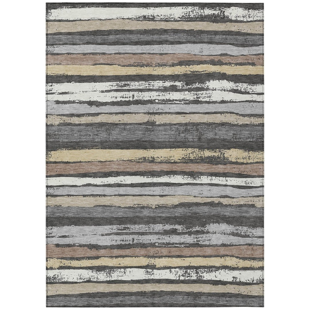 HomeRoots 9' Charcoal Beige and Brown Striped Washable Area Rug - Indoor/Outdoor, Durable & Easy-Care Design 598876