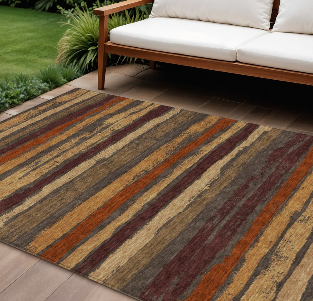 HomeRoots 5' Transform Your Space with a Chocolate Beige & Copper Striped Washable Indoor Outdoor Rug 10' X 14' 598883