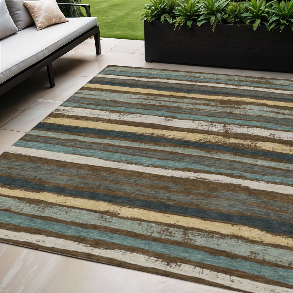 HomeRoots 5' Striped Washable Area Rug - Durable Indoor Outdoor Design in Brown, Beige & Green for Any Space 5' X 8' 598885