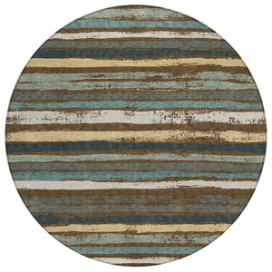 HomeRoots 5' Striped Washable Area Rug - Durable Indoor Outdoor Design in Brown, Beige & Green for Any Space 8' Round 598886