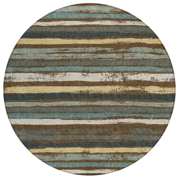 HomeRoots 5' Striped Washable Area Rug - Durable Indoor Outdoor Design in Brown, Beige & Green for Any Space 8' Round 598886