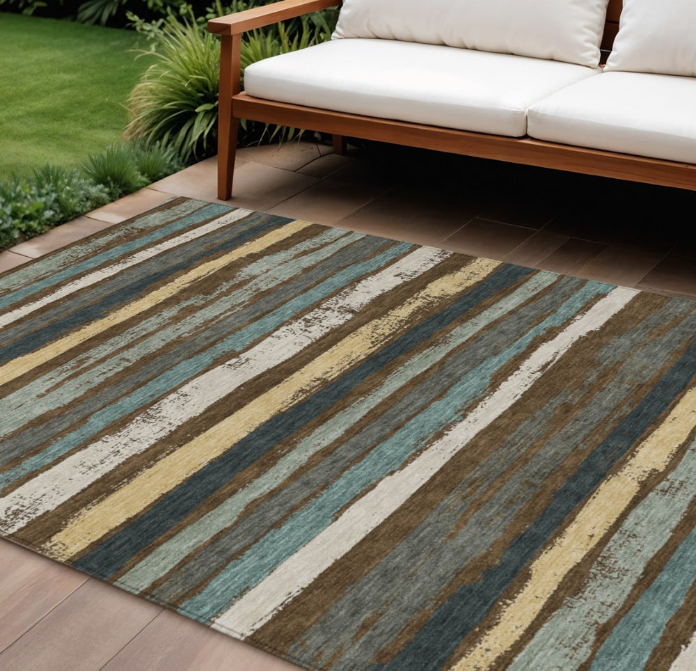 HomeRoots 9' Stylish Washable Striped Area Rug in Brown, Beige, and Green - Perfect for Indoor & Outdoor Use! 598888