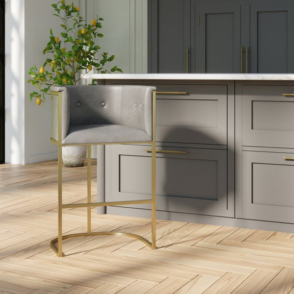 English Elm 26" Counter Stool Tufted Faux Leather Seat with Brass Metal Base for Kitchen Islands Gray Pu B2751P436483
