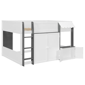 English Elm Twin House Loft Bed with Pull Out Rolling Desk Stair Drawers and Cabinet Storage White+Gray N820S00074E