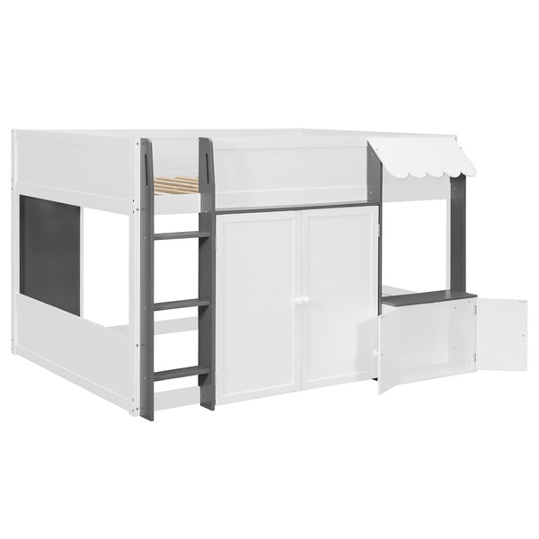 English Elm Twin House Loft Bed with Pull Out Rolling Desk Stair Drawers and Cabinet Storage White+Gray N820S00074E