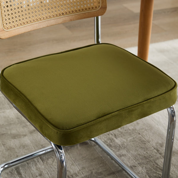 English Elm Mid Velvet Mid Century Dining Chair with Rattan Back, Solid Wood Frame, Plush Velvet, 360lb Capacity Olive Green W1143P168320