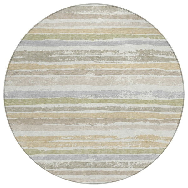 HomeRoots 5' Coastal Style Ivory and Green Striped Area Rug – Machine Washable for Indoor/Outdoor Use 8' Round 598904