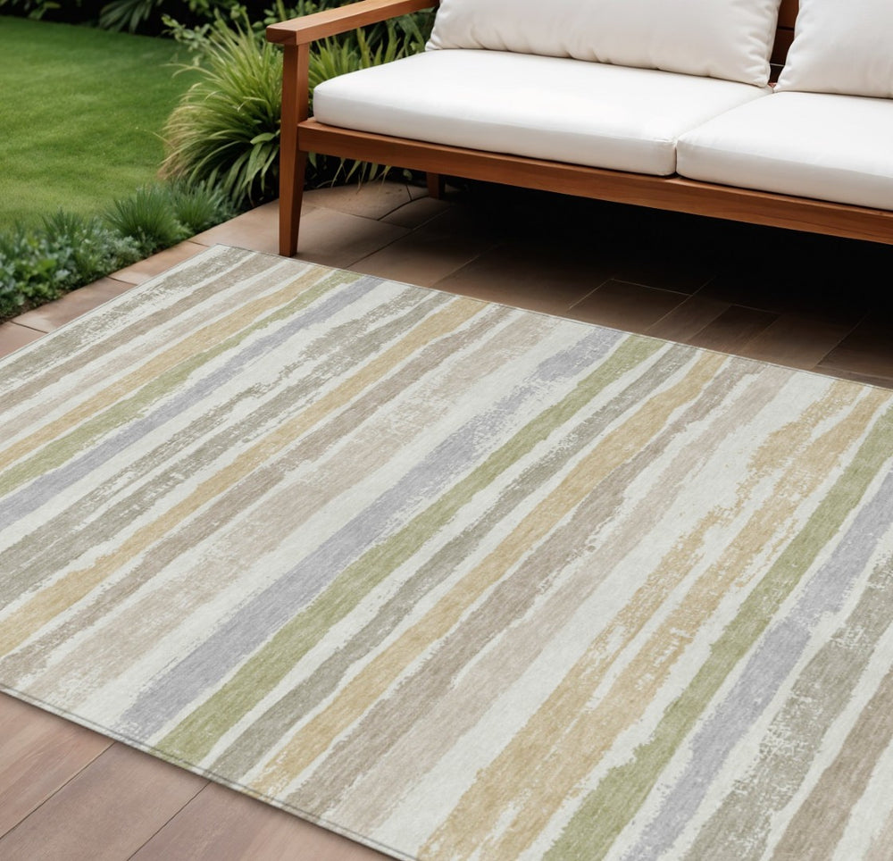 HomeRoots 9' X 12' Washable Indoor Outdoor Area Rug in Ivory, Beige & Green Stripes – Durable, Stylish Comfort 598906