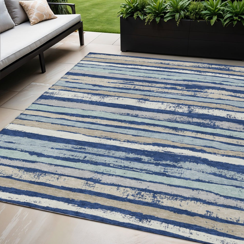 HomeRoots 5' Timeless Navy Blue and Ivory Striped Washable Area Rug for Indoor and Outdoor Durability 5' X 8' 598909