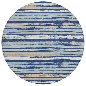 HomeRoots 5' Timeless Navy Blue and Ivory Striped Washable Area Rug for Indoor and Outdoor Durability 8' Round 598910