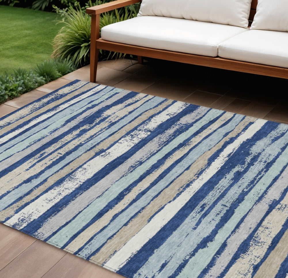 HomeRoots 9' Navy Blue Beige and Ivory Striped Indoor Outdoor Area Rug - Washable, Durable, Versatile Design 598912