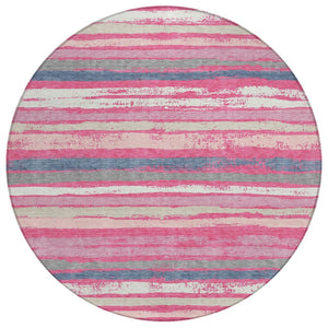 HomeRoots 5' Striped Washable Indoor Outdoor Area Rug in Pink, Gray & Green for Vibrant Home Decor Style 8' Round 598916