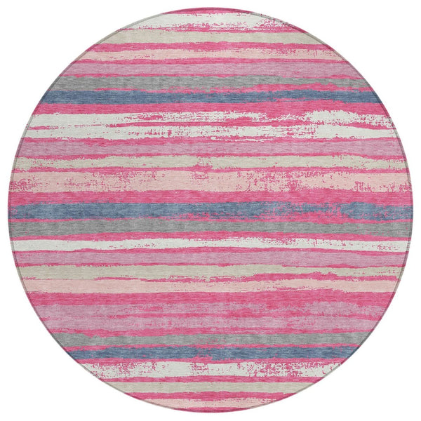 HomeRoots 5' Striped Washable Indoor Outdoor Area Rug in Pink, Gray & Green for Vibrant Home Decor Style 8' Round 598916