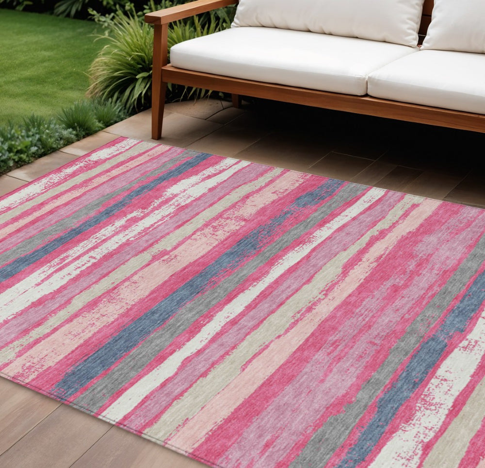 HomeRoots 5' Striped Washable Indoor Outdoor Area Rug in Pink, Gray & Green for Vibrant Home Decor Style 10' X 14' 598919