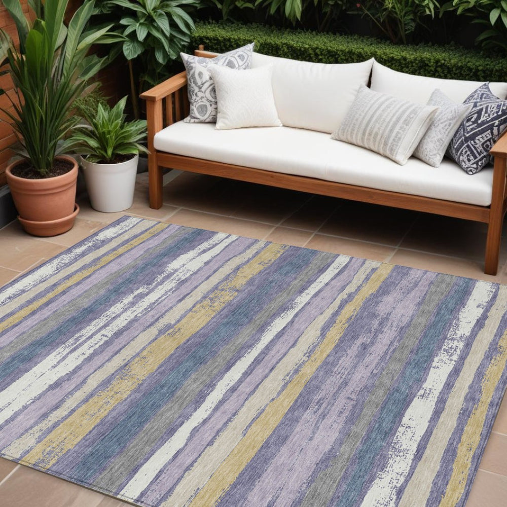 HomeRoots 5' Stylish Purple, Ivory & Beige Striped Washable Indoor/Outdoor Area Rug for Versatile Spaces 8' X 10' 598923