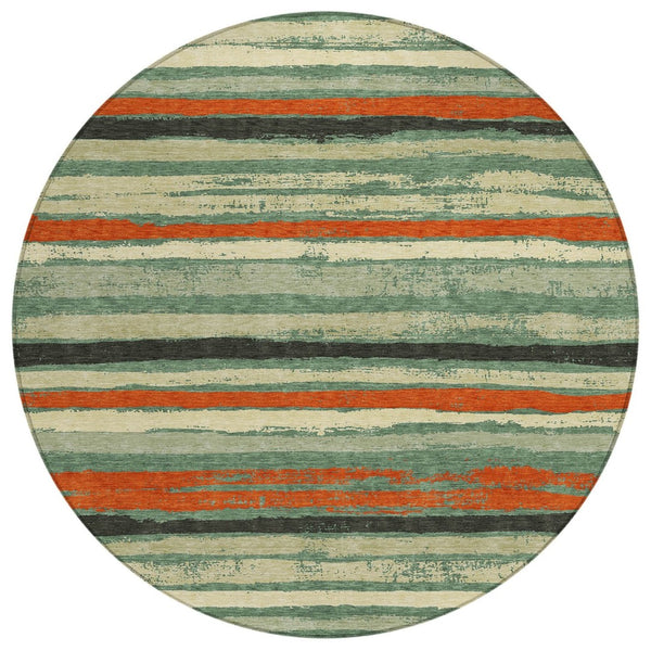 HomeRoots 5' Sage Black and Red Striped Washable Area Rug for Indoor and Outdoor High-Traffic Spaces 8' Round 598928