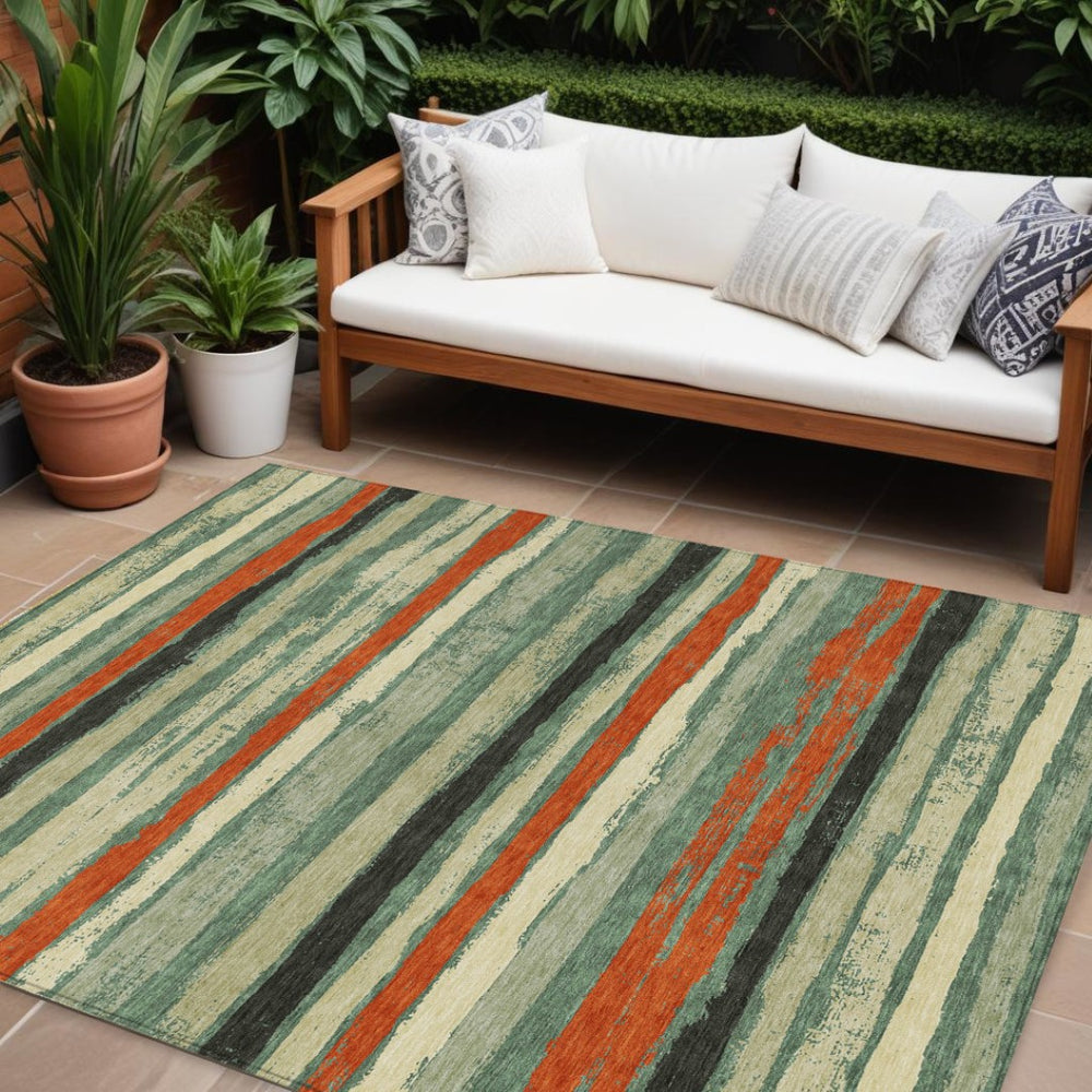 HomeRoots 5' Sage Black and Red Striped Washable Area Rug for Indoor and Outdoor High-Traffic Spaces 10' X 14' 598931