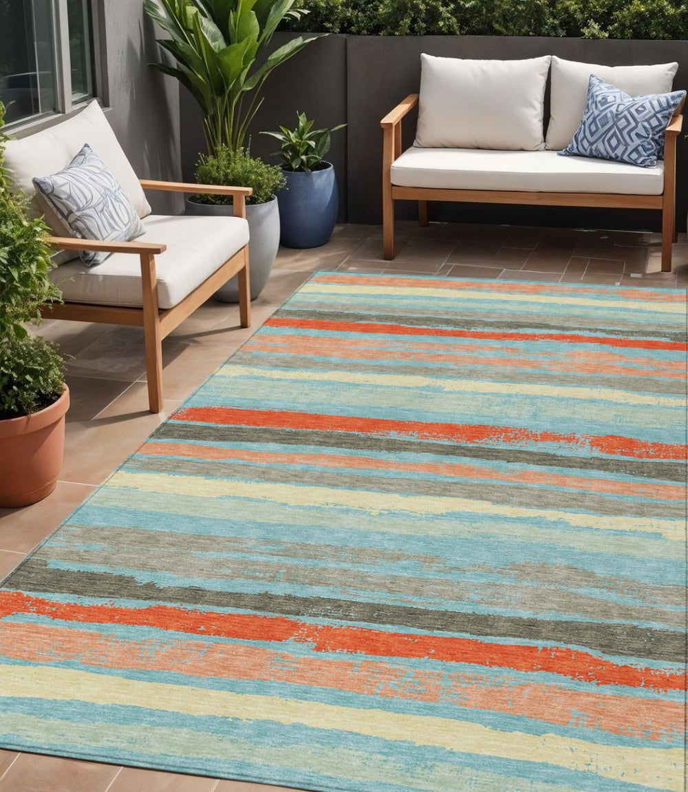 HomeRoots 5' Washable Indoor Outdoor Area Rug in Soft Sky Blue, Pink, and Gray Stripes – Durable & Stylish 5' X 8' 598933