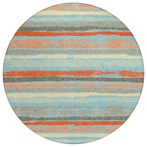 HomeRoots 5' Washable Indoor Outdoor Area Rug in Soft Sky Blue, Pink, and Gray Stripes – Durable & Stylish 8' Round 598934