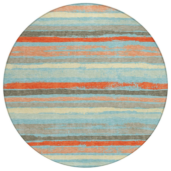 HomeRoots 5' Washable Indoor Outdoor Area Rug in Soft Sky Blue, Pink, and Gray Stripes – Durable & Stylish 8' Round 598934