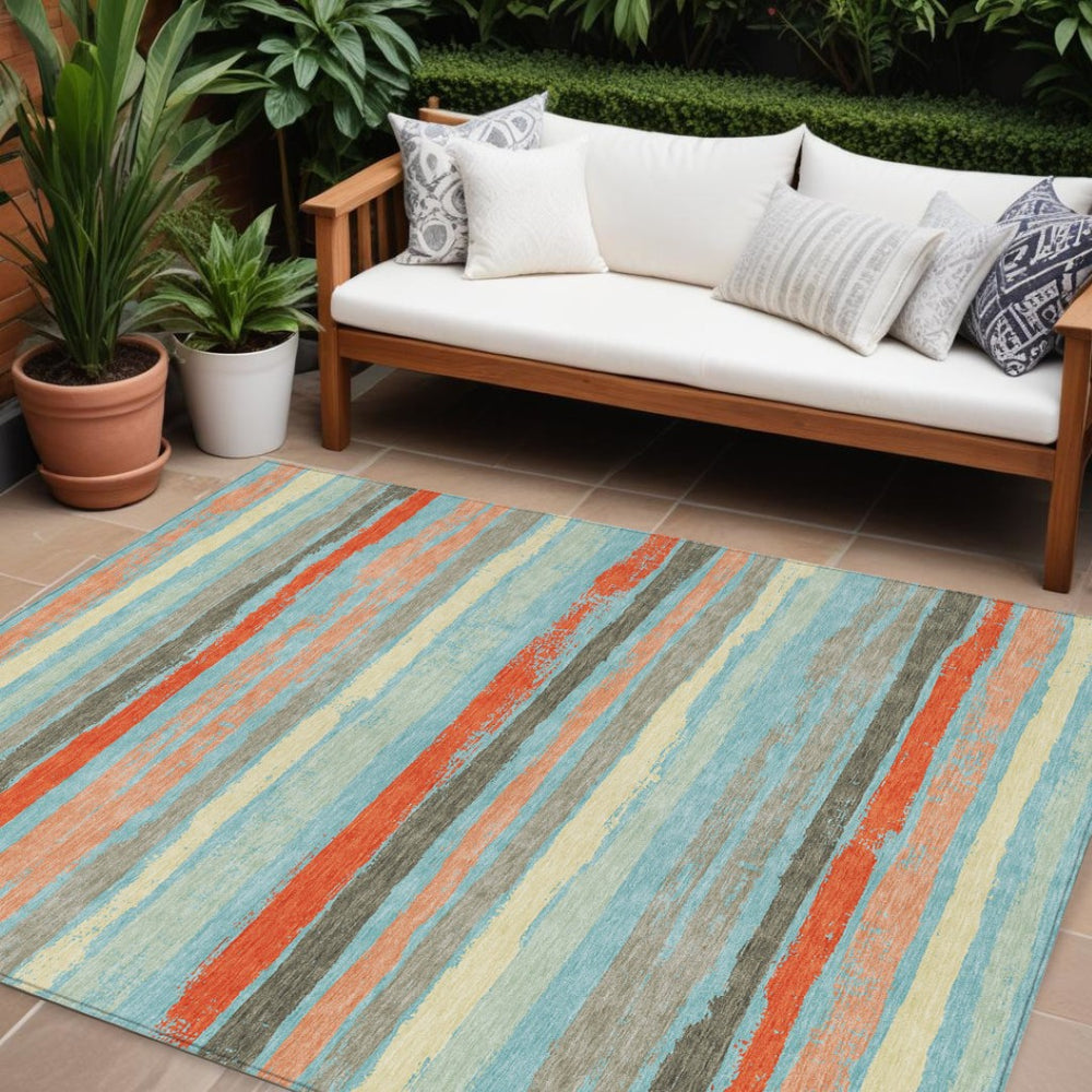 HomeRoots 9' X 12' Sky Blue, Pink & Gray Striped Area Rug - Washable, Durable for Indoor & Outdoor Spaces 598936