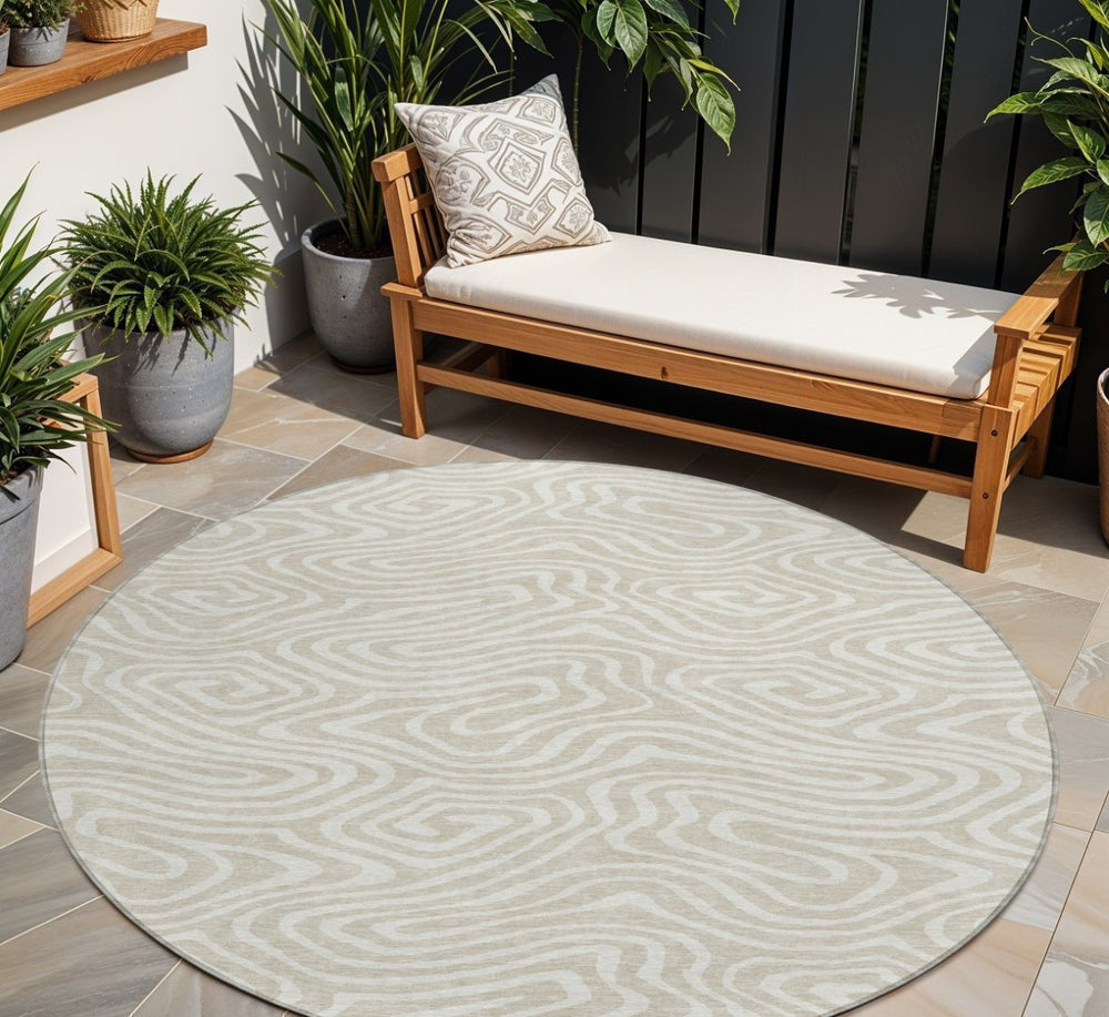 HomeRoots 5' Stylish Beige and Linen Abstract Washable Rug for Indoor and Outdoor Use – Durable and Versatile 8' Round 598946